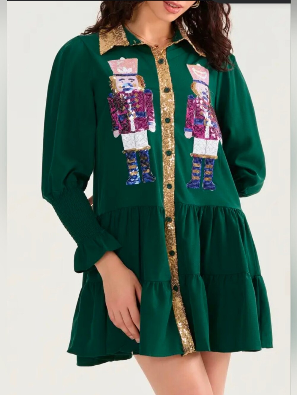 Sequined Nutcracker Green Tiered Midi Dress